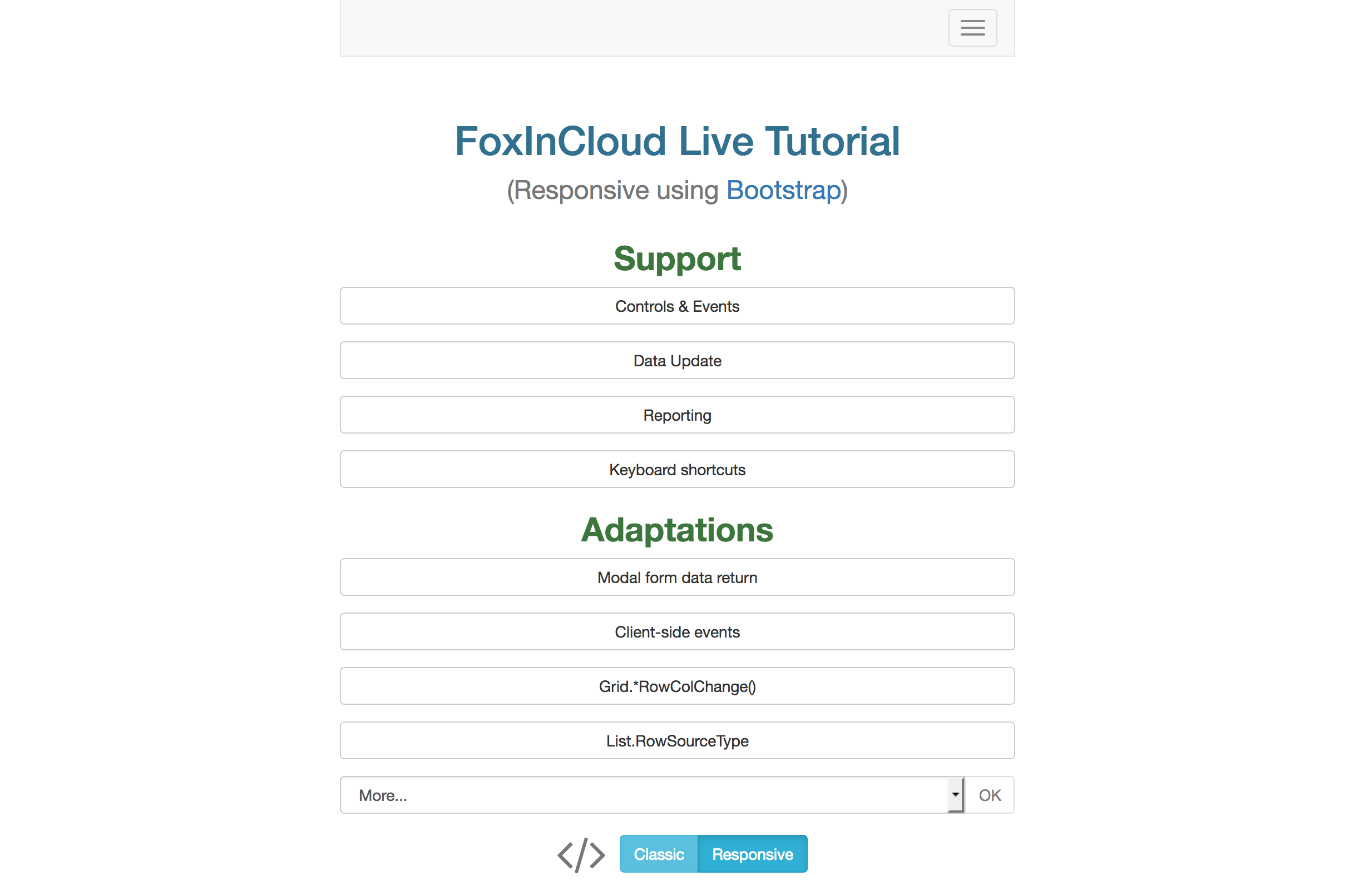 FoxInCloud Live Tutorial home, responsive mode, small