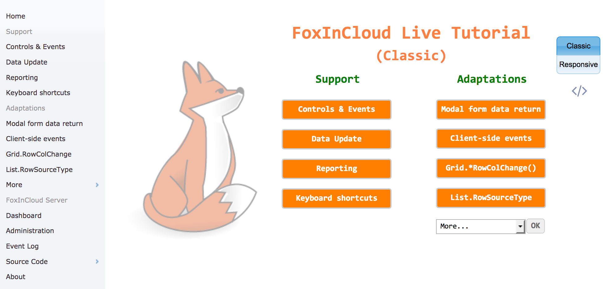 FoxInCloud Live Tutorial home, classic mode